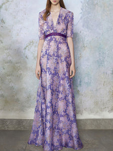 Lilac V Neck Short Sleeve Floral Print Maxi Dress Beach Vacation Outfit