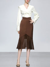 Load image into Gallery viewer, 2PS White Lace Ruffles V Neck Top And Brown Fishtail Skirt Dress Suit