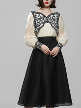Load image into Gallery viewer, 2PS White Butterfly Long Sleeve Top And Black Swing Skirt Suit