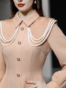 Orange Pink Peter Pan Collar Retro Swing Tweed Dress With Long Sleeve For Winter