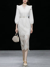 Load image into Gallery viewer, Green V Neck  3/4 Sleeve Lace 1960S Dress