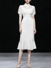Load image into Gallery viewer, White Stand Collar Puff Sleeve Princess Mermaid Organza Dress