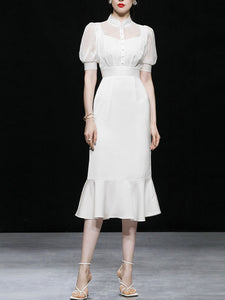 White Stand Collar Puff Sleeve Princess Mermaid Organza Dress