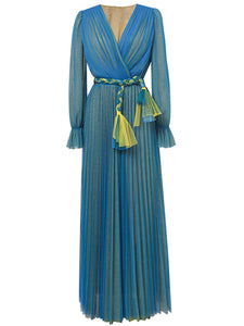 Blue V Neck Lantern Sleeve Pleated Fairy Dress