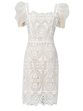 Load image into Gallery viewer, White Square Collar Puff Sleeve 1950S Lace Dress