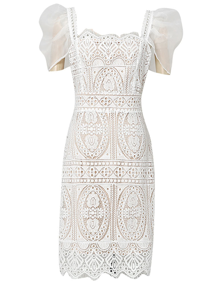 White Square Collar Puff Sleeve 1950S Lace Dress