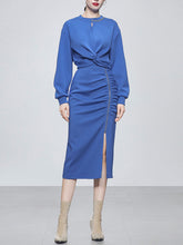 Load image into Gallery viewer, 2PS Royal Blue Casual Crew Neck Loose Short Sweater And Smocked Bodycon Skirt Suit