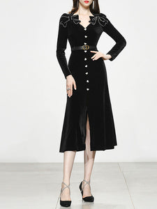 Black Bowknot V Neck Velvet Heart Button 1950S Vintage Dress