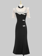 Load image into Gallery viewer, White Semi Sheer Ruffles With Black Fishtail Cheongsam Dress
