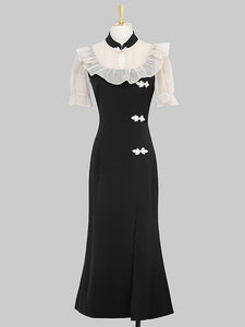 White Semi Sheer Ruffles With Black Fishtail Cheongsam Dress