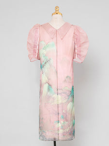 Pink Organza Puff Sleeve Vintage Dress With Belt