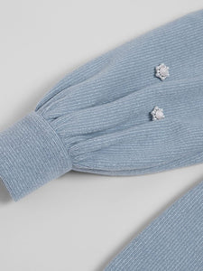 Baby Blue Pearl Inlaid Diamante Flower Long Sleeve Corduroy 1940S Dress