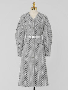 Light Grey V Neck Polka Dot Woolen Coat