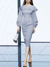 Load image into Gallery viewer, Light Blue Ruffles Long Sleeve Vintage 1940S Bodycon Dress