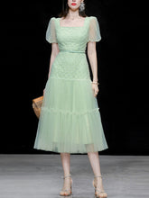 Load image into Gallery viewer, Green Vintage Style Square Neck Puff Sleeve Tulle Party Dress