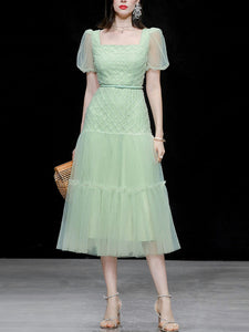 Green Vintage Style Square Neck Puff Sleeve Tulle Party Dress