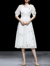 Load image into Gallery viewer, White V Neck Puff Sleeves Embroidered Organza Vintage Dress