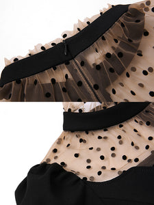Semi-Sheer Polka Dots Puff Sleeve Little Black Fishtail Dress Vintage Style