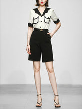 Load image into Gallery viewer, 2PS White Wavy Petal Lapel Straight Short-sleeved Shirt Five-point Shorts Suit
