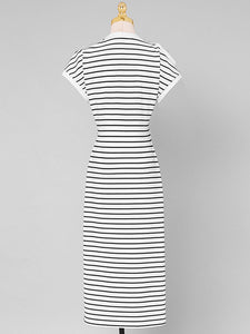 Striped Crew Neck Slit Casual Sexy Bodycon Dress