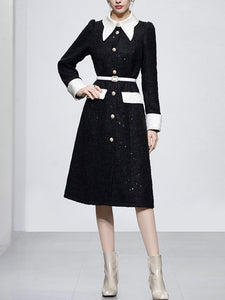 Black Turn Down Collar Puff Sleeve 1940S Split Bodycon Dress