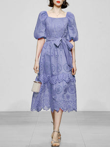 Embroidered Square Collar Puff Sleeve Vintage Dress Boho Dress