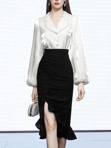 2PS White Pearl Turn Down Collar Long Sleeve Shirt With Black Ruffles Split Skrit Dress Suit