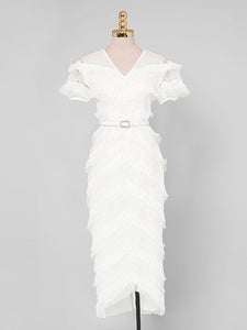 White Romantic Wedding Ruffles V-Neck Sequin Lace Irregular Hem Dress
