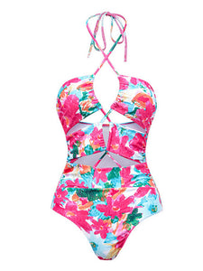 Pink Handmade Flower Halter Ruffles One Piece With Bathing Suit Wrap Skirt