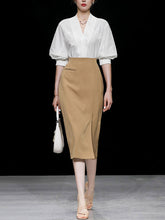Load image into Gallery viewer, 2PS V Neck White Shirt And Khaki Split Sexy Bodycon Skirt Suit