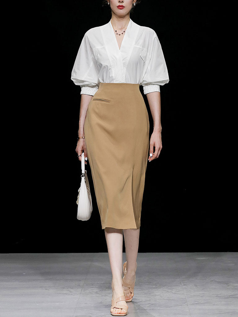 2PS V Neck White Shirt And Khaki Split Sexy Bodycon Skirt Suit Jolly Vintage 2PS V Neck White Shirt And Khaki Split Sexy Bodycon Skirt Suit Jolly Vintage