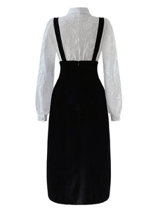 White Big Bowknot Flower Flocking Top With Black Strap Dress Set