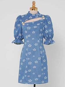 Retro Cheongsam Stand Collar Hollow Puff Sleeves Denim Printed Mini Dress