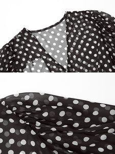 Black Polka Dots V Neck Vintage Style Ruffles Dress