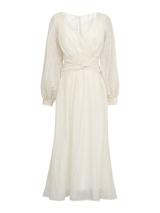 Apricot V Neck Bow Decorated Belt Swing Retro Dress