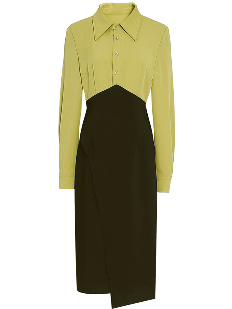 Yellow Turn Down Collar Long Sleeve 1960S Dress, Yellow / S