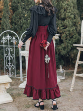 Load image into Gallery viewer, Black Lace Petal Blouse With Crimson Ruffled Skirt Set Edwardain Vinatge Dress Set