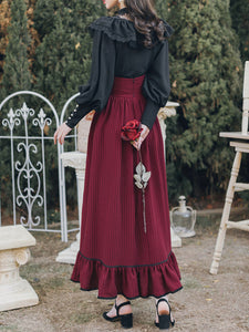 Black Lace Petal Blouse With Crimson Ruffled Skirt Set Edwardain Vinatge Dress Set