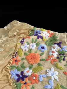 Embroidered Flower Puff Sleeve Vintage Knitting Sweater Dress