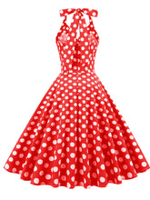 Load image into Gallery viewer, Green And White Polka Dots Pockets Vintage Halter 1950S Dress With Button