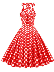 Green And White Polka Dots Pockets Vintage Halter 1950S Dress With Button