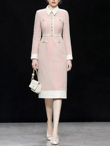 Pastel Pink Lapel Long Sleeve Tweed 1960S Dress
