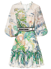 Load image into Gallery viewer, Green Retro Lantern Sleeves Printed Mini Dress