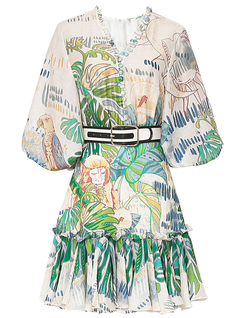 Green Retro Lantern Sleeves Printed Mini Dress