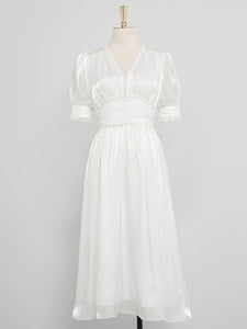 White Ruffles Puff Sleeve Organza Vintage Dress