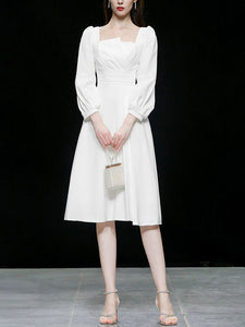 White Square Collar Long Sleeve Party Dress