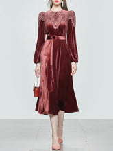 Load image into Gallery viewer, Red Crew Neck Velvet Puff Sleeve 1950S Vintage Dress With Belt