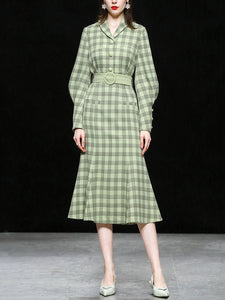 Green Plaid Long Sleeve Vintage Mermaid 1940S Fish Tail Dress With Belt
