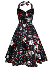 Load image into Gallery viewer, Black 1950S Halloween Skull Printed Halter Vintage Dress