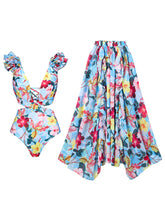 Load image into Gallery viewer, Blue Flower Print Ruffles One Piece With Bathing Suit Wrap Skirt